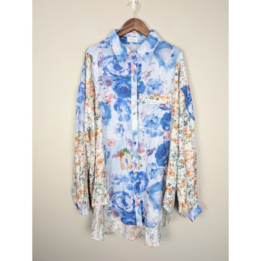 POL Oversized Mixed Floral Button Tunic Shirt